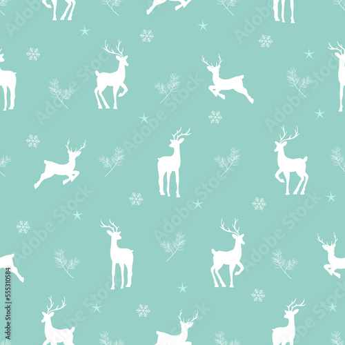 Seamless christmas pattern with reindeers and snowflakes. Beautiful winter or New Year background. Vector illustration in flat cartoon style. Perfect for fabric  package paper  wallpaper  textile.