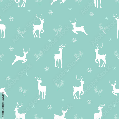 Seamless christmas pattern with reindeers and snowflakes. Beautiful winter or New Year background. Vector illustration in flat cartoon style. Perfect for fabric, package paper, wallpaper, textile.