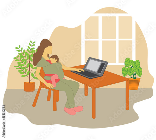 Mother with baby working from home. Freelance Remote Worker. Virtual Assistant