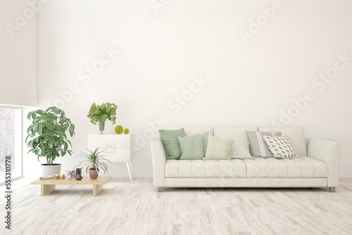 White living room with sofa. Scandinavian interior design. 3D illustration