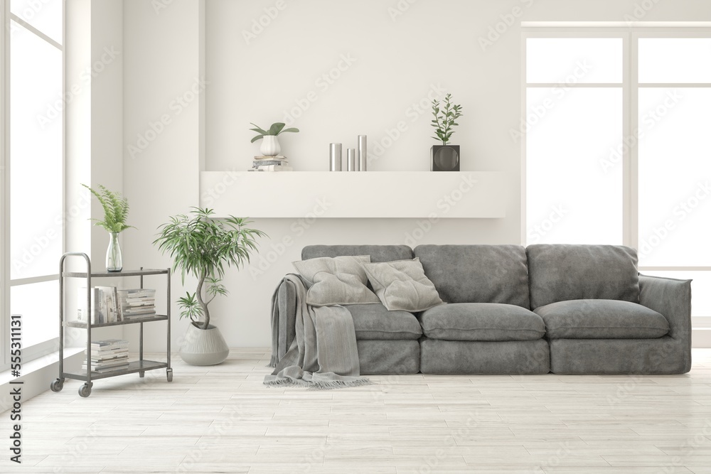 Fototapeta premium White living room with sofa. Scandinavian interior design. 3D illustration