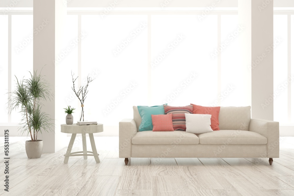 Fototapeta premium White living room with sofa. Scandinavian interior design. 3D illustration
