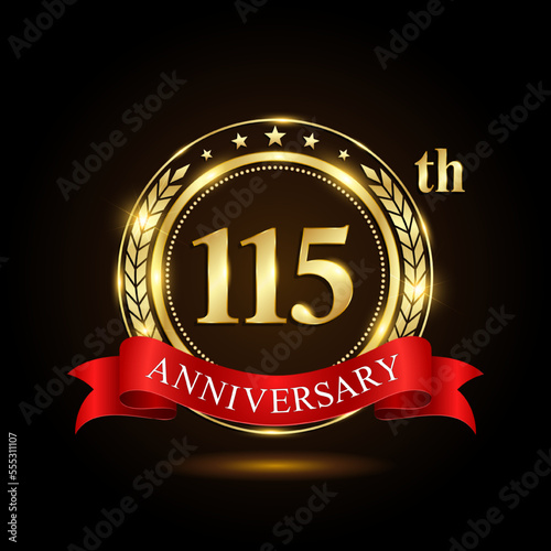 115th Anniversary. Golden Anniversary Emblem Design with shiny ring and red ribbon, Laurel wrath isolated on black background. Logo Vector Illustration