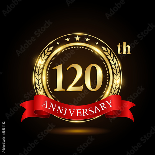 120th Anniversary. Golden Anniversary Emblem Design with shiny ring and red ribbon, Laurel wrath isolated on black background. Logo Vector Illustration