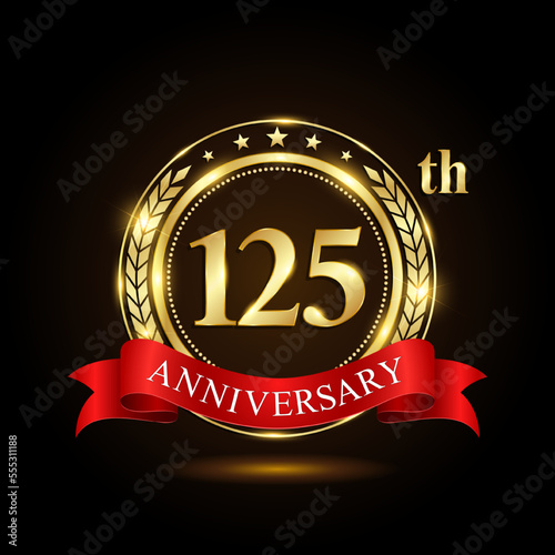 125th Anniversary. Golden Anniversary Emblem Design with shiny ring and red ribbon, Laurel wrath isolated on black background. Logo Vector Illustration