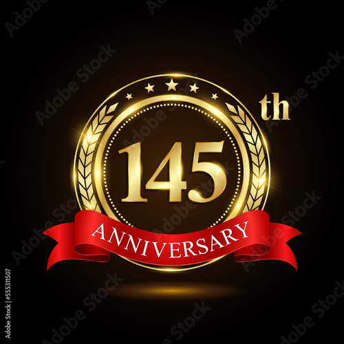 145th Anniversary. Golden Anniversary Emblem Design with shiny ring and red ribbon, Laurel wrath isolated on black background. Logo Vector Illustration