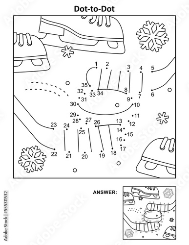 Hockey stick and puck dot-to-dot picture puzzle and coloring page activity sheet 