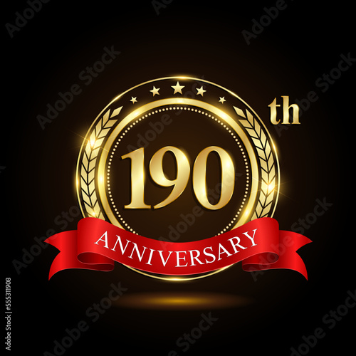 190th Anniversary. Golden Anniversary Emblem Design with shiny ring and red ribbon, Laurel wrath isolated on black background. Logo Vector Illustration