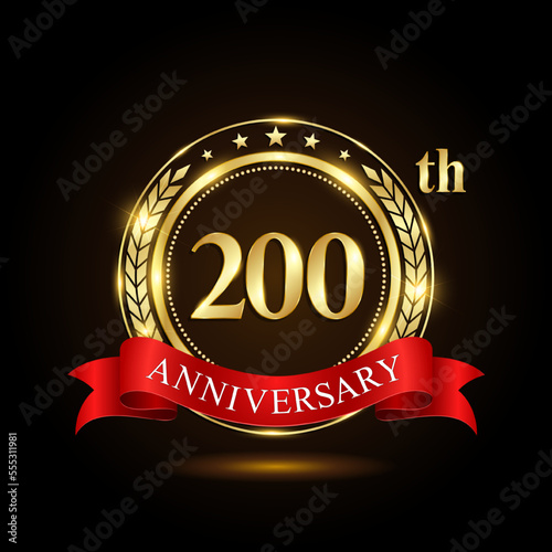 200th Anniversary. Golden Anniversary Emblem Design with shiny ring and red ribbon, Laurel wrath isolated on black background. Logo Vector Illustration