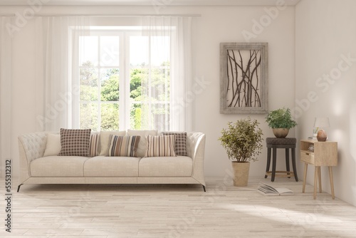 White living room with sofa and summer landscape in window. Scandinavian interior design. 3D illustration