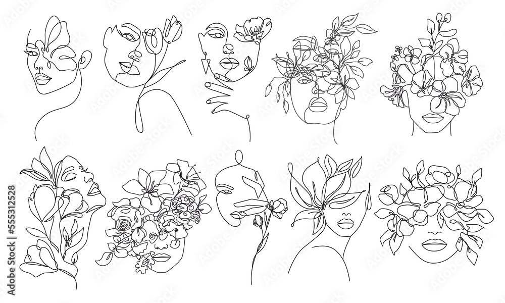 Woman Face with Flowers Line Art Drawing Set. Fashion Female Portrait Minimalist Style. Woman with Flowers Drawing for Cosmetics. Continuous Line Art Fashion Minimal Print. Beauty Logo. Vector EPS 10