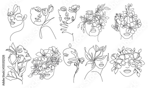 Woman Face with Flowers Line Art Drawing Set. Fashion Female Portrait Minimalist Style. Woman with Flowers Drawing for Cosmetics. Continuous Line Art Fashion Minimal Print. Beauty Logo. Vector EPS 10