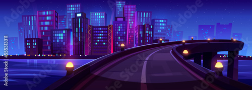 Bridge above river and city skyline with neon lights at night. Urban landscape with empty overpass highway, town buildings and skyscrapers on horizon, vector cartoon illustration