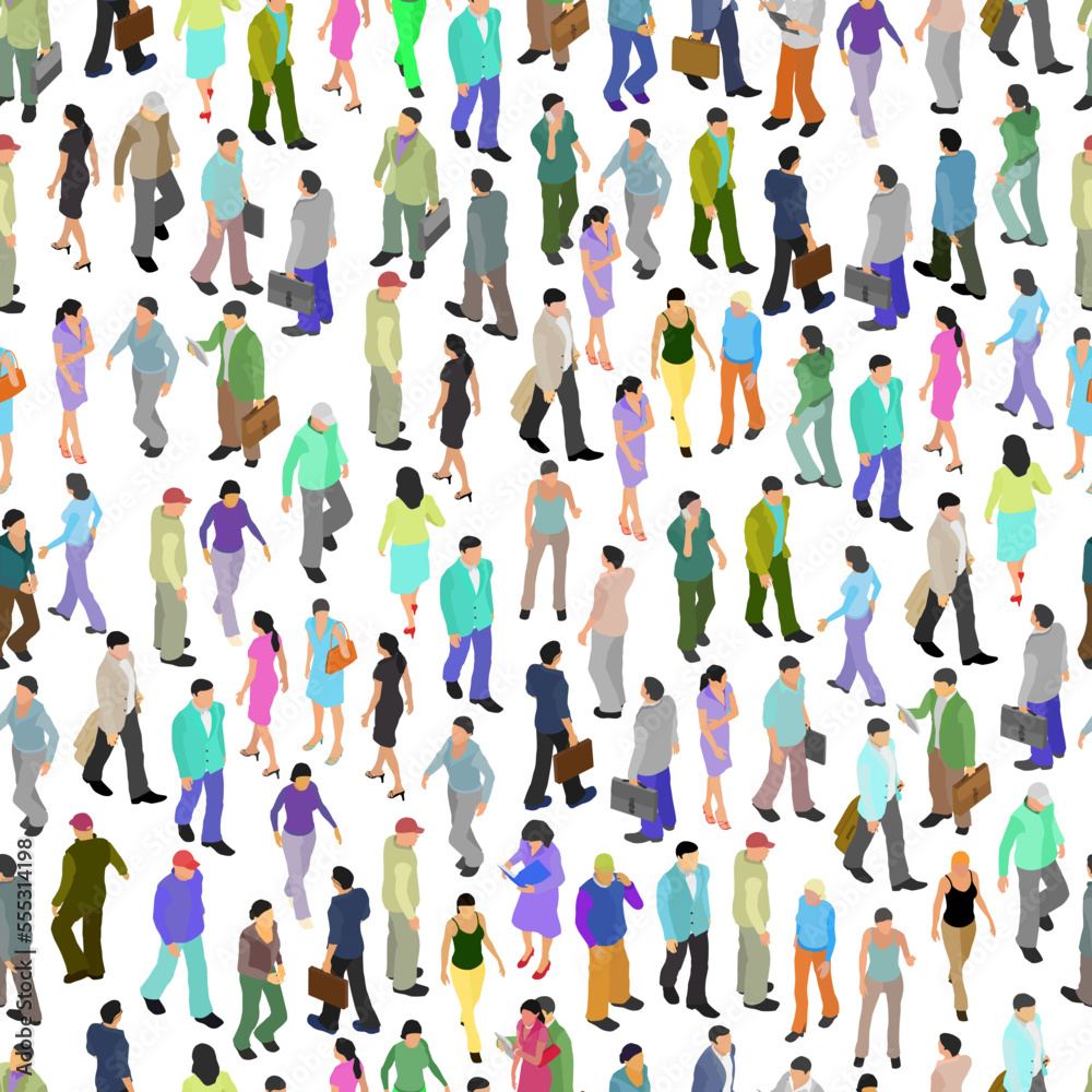 Seamless pattern with many people in different positions isolated on white background. Bright multicolored people in a flat style. Vector illustration.
