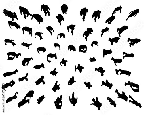Silhouette of a crowd of people in different positions isolated on a white background. People walk together. View from above. Vector illustration.
