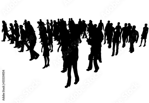Silhouette of a crowd of people in different positions isolated on a white background. People walk together. Perspective view. Vector illustration.