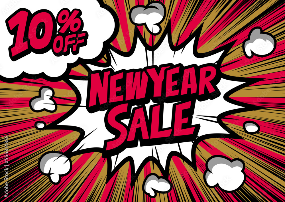 10%off New Year Sale retro typography pop art background, an explosion in comic book style.
