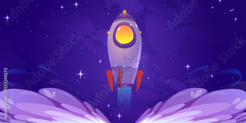 Fototapeta Naklejka Na Ścianę i Meble -  Rocket launch. Futuristic spaceship flying up from planet with smoke clouds on background of night sky with stars. Fantasy cosmos poster with space ship, vector cartoon illustration