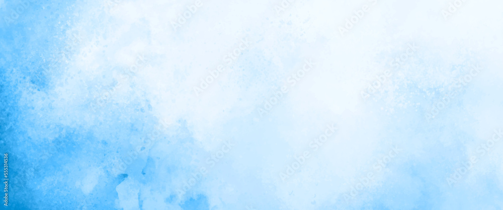 Abstract gradient light sky blue shades watercolor background on white  paper texture. Aquarelle painted textured canvas design, abstract blue  watercolor splash background, texture of watercolor. Stock Vector