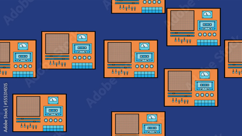 Seamless pattern endless with music audio cassette old retro tape recorders vintage hipster from 70s, 80s, 90s isolated on blue background. Vector illustration