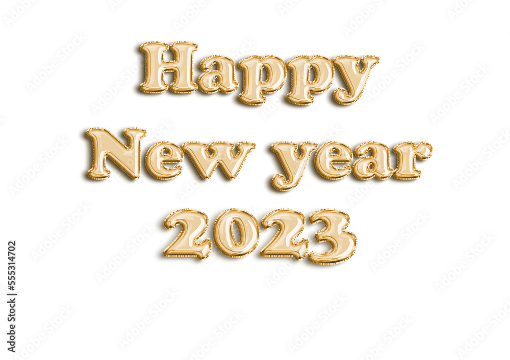 New year 2023 gold foil balloon isolated on transparent background, Horizontal banner. Happy new year 2023