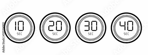 Timer icon illustration. Set timer icons for 10 seconds, 20 seconds, 30 seconds and 40 seconds. Stock vector. photo