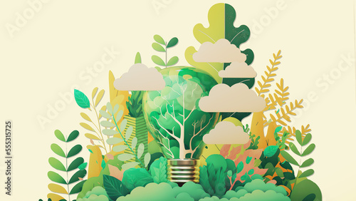 2d illustration of a lightbulb surrounded by leaves representing clean renewable energy, AI generation