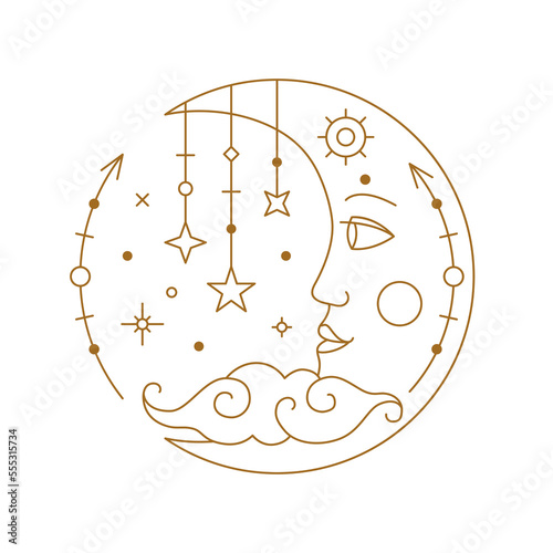 Mystical golden stylized boho chic tattoo crescent with face. Astrology, alchemy, esoteric, tarot, fortune telling and mysticism design element thin line vector illustration on white background