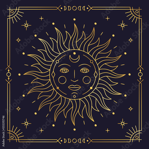 Sun mystical golden stylized boho chic sign with face. Astrology, alchemy, esoteric, tarot, fortune telling and mysticism design element thin line vector illustration