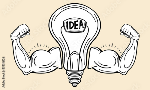 powerful idea, strong innovation, creativity, bulb with strong arms  hand drawn vector
