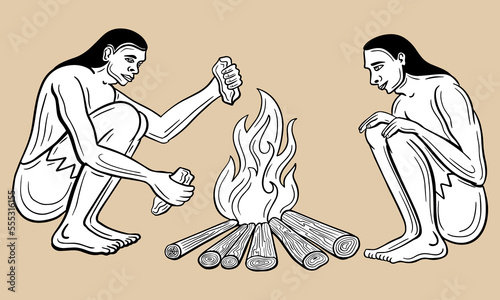 stone age people, caveman, primitive people around fire, ancient tribe hand drawn vector
