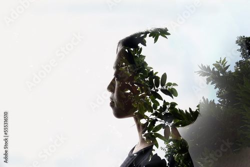 Double exposure woman on white background and outdoor nature tree plants