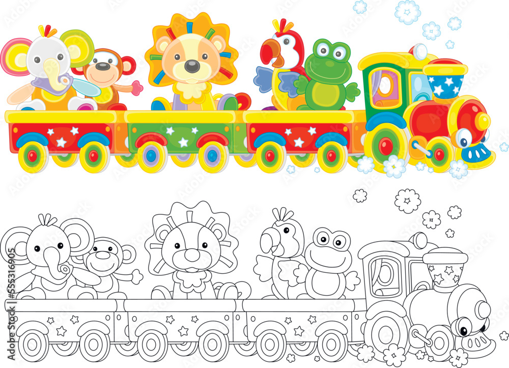 Cute toy train with a steam locomotive pulling colorful carriages with funny little animals, color and black and white vector cartoon illustrations isolated on a white background