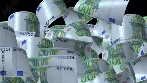 Falling Euro Banknotes Money Video Transition Simulates Falling 100 Euro Banknotes Money With Alpha Channel in 4k Resolution. 3d 100euro Notes Banknotes Transition. Investment Banking Concept photo