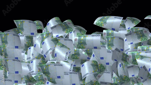 Falling Euro Banknotes Money Video Transition Simulates Falling 100 Euro Banknotes Money With Alpha Channel in 4k Resolution. 3d 100euro Notes Banknotes Transition. Investment Banking Concept photo