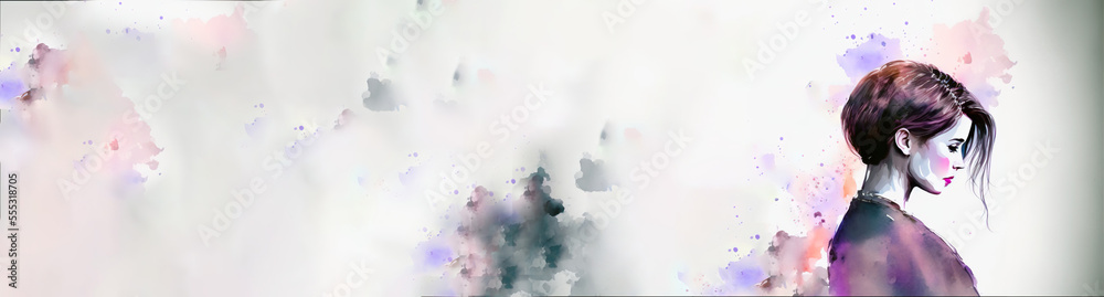Fototapeta premium Hairdresser colourist model and abstract background splattered paint with colour spots, blurred generative ai illustration watercolour effect banner