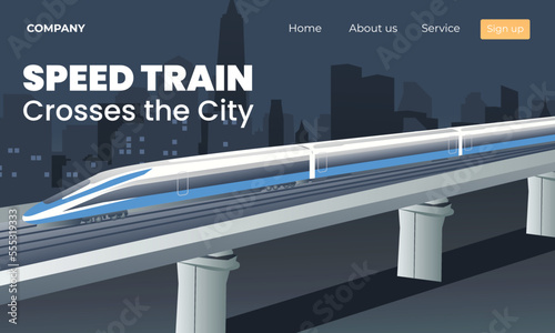 Speed train over city skyscraper view cityscape background skyline flat banner copy space vector illustration