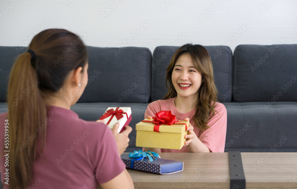 Two Asian women enjoy giving each other gift boxes on a special occasion. Two Asian women enjoy giving each other gift boxes on a special occasion.