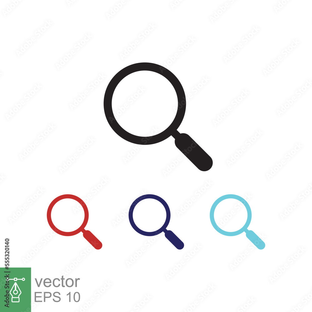 Magnifying glass or search icon. Simple flat style. Lupe lens, find, look, seek, zoom tool, enlarge, search button concept. Vector illustration isolated on white background. EPS 10. Magnifying glass or search icon. Simple flat style. Lupe lens, find, look, seek, zoom tool, enlarge, search button concept. Vector illustration isolated on white background. EPS 10.