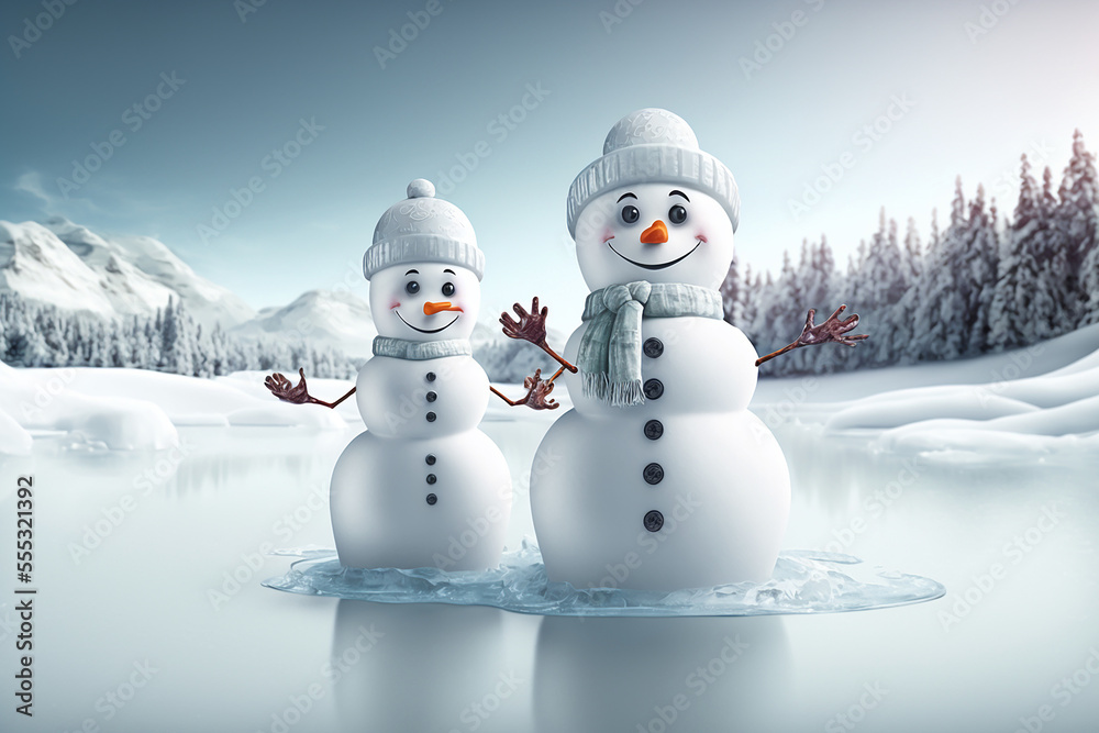 Snowman ice skating on a lake. Generative AI Snowman ice skating on a lake. Generative AI