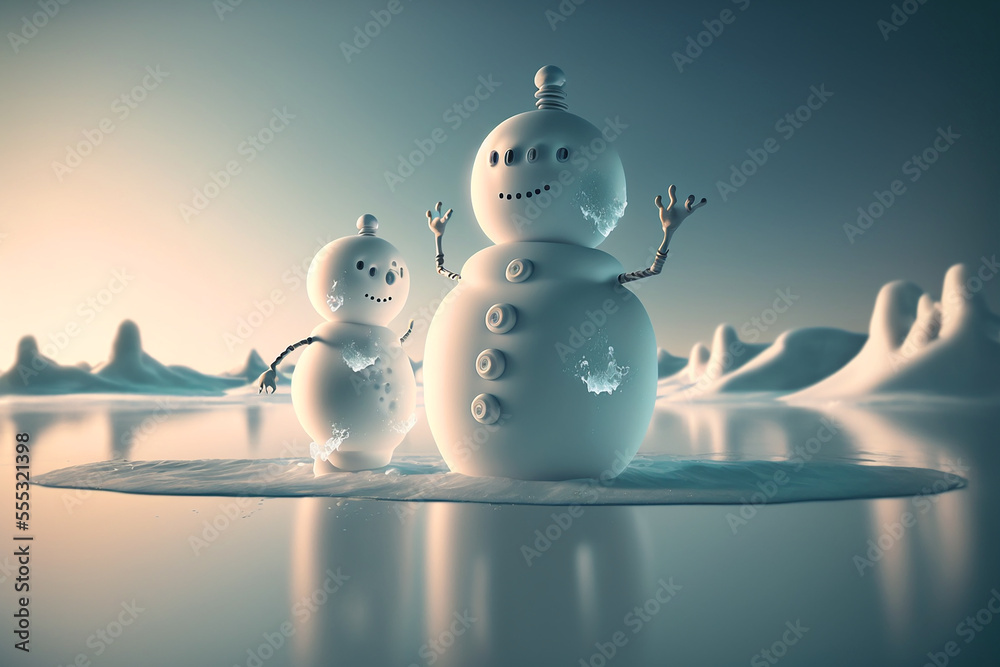 Obraz premium Snowman ice skating on a lake. Generative AI