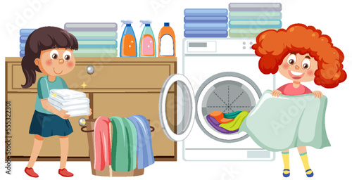 Two kids doing laundry with washing machine