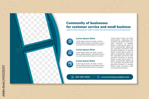 flyer template design with headline is community of businesses. space of photo and text. Advertising banner with horizontal layout. multicolored blue element in white background. abstract modern style