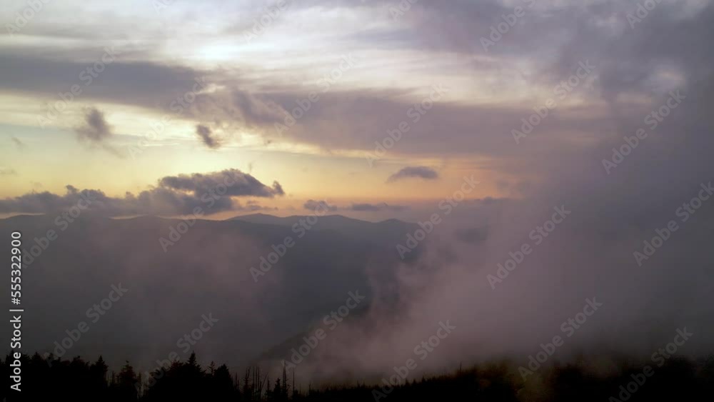 fog clouds at sunset in appalachian and blue ridge mountain range aerial fog clouds at sunset in appalachian and blue ridge mountain range aerial