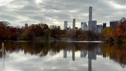 Turtle Pond in Central Park, New York on Cloudy Autumn Day With Midtown Manhattan Skyscrapers in Background, Panorama photo