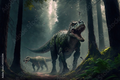 Dinosaurs roaming the woods. Generative AI © LukaszDesign