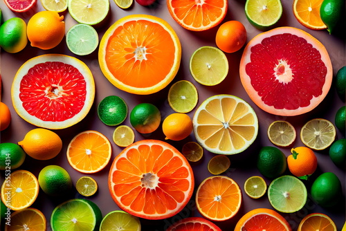 Ctrus fruits with leaves as background  top view . Background from many different exotic fruits