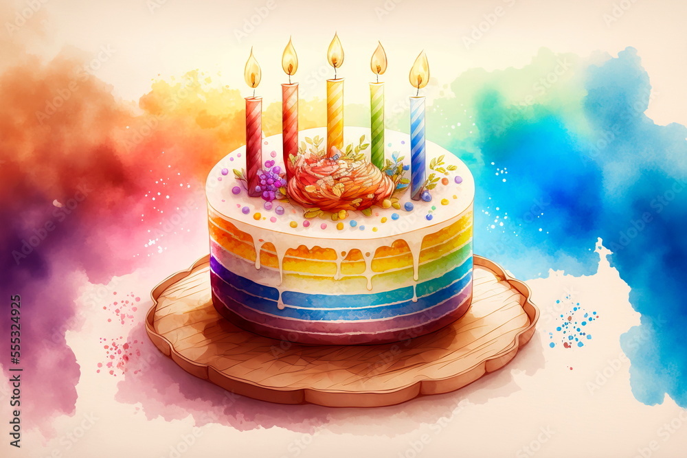 Watercolor illustration of cake birthday decorations Stock Illustration ...