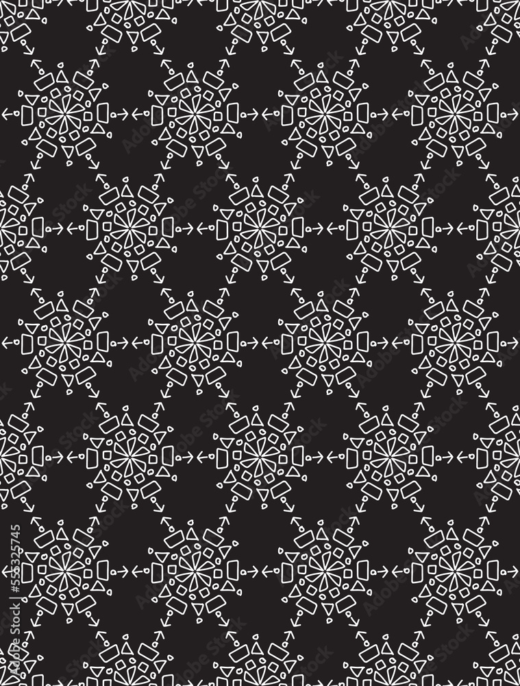 black line outline drawing pattern geometric shapes Triangles, squares, circles, arrows. Seamless pattern. Textile pattern. And monochrome. Black background.