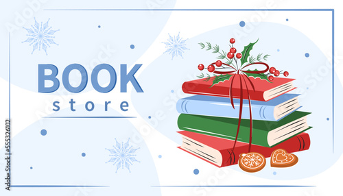 Book store, market. Layout design for bookstore, library. Books with winter holiday decor. Vector illustration